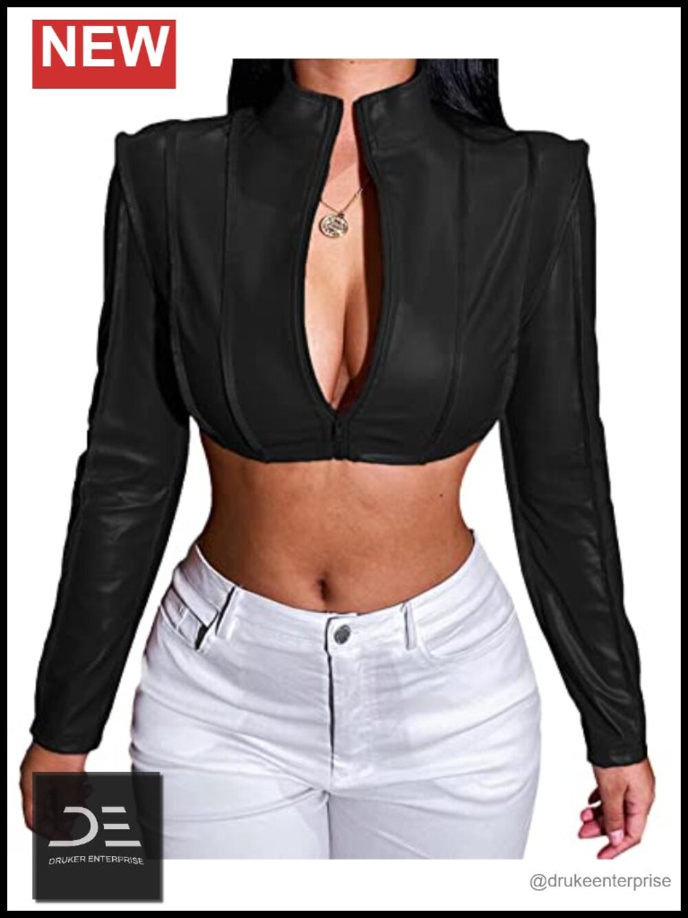 Faux Leather Mock Neck Cropped Moto Jacket Zip Up Y2K Bolero